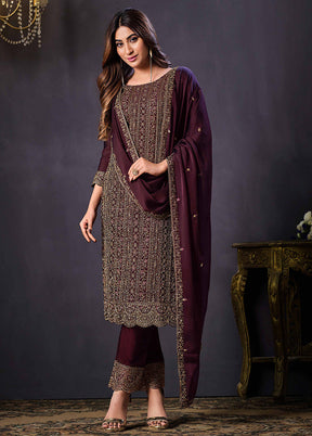 3 Pc Wine Semi Stitched Georgette Suit Set