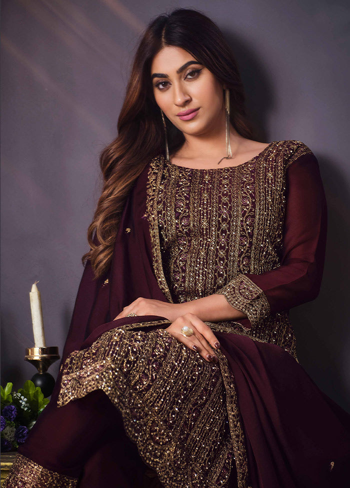 3 Pc Wine Semi Stitched Georgette Suit Set