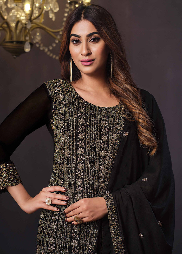 3 Pc Black Semi Stitched Georgette Suit Set