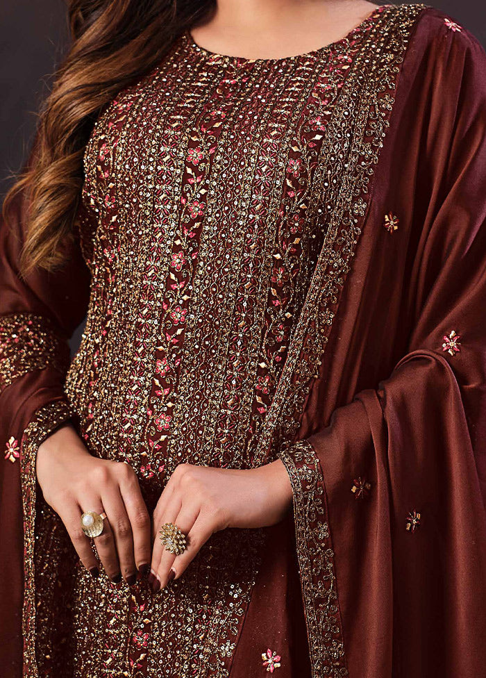 3 Pc Maroon Semi Stitched Georgette Suit Set