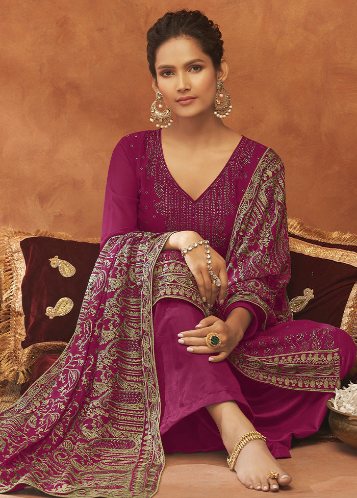 3 Pc Pink Unstitched Pure Georgette Suit Set