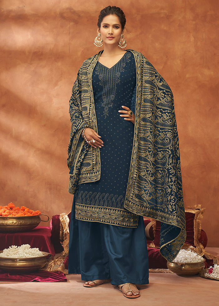 3 Pc Blue Unstitched Pure Georgette Suit Set