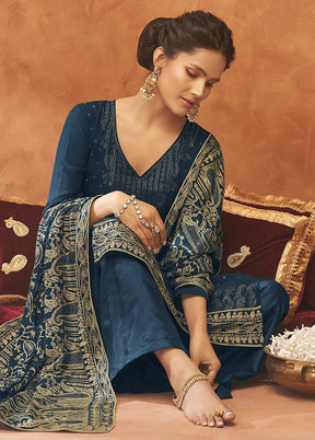 3 Pc Blue Unstitched Pure Georgette Suit Set