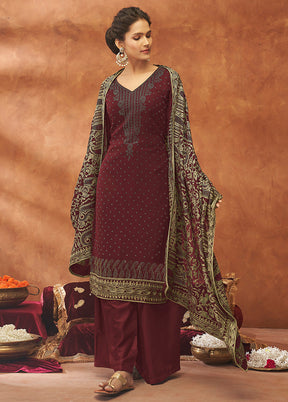 3 Pc Maroon Unstitched Pure Georgette Suit Set