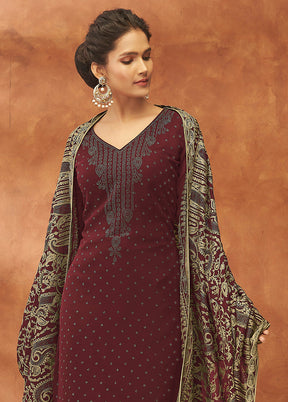 3 Pc Maroon Unstitched Pure Georgette Suit Set