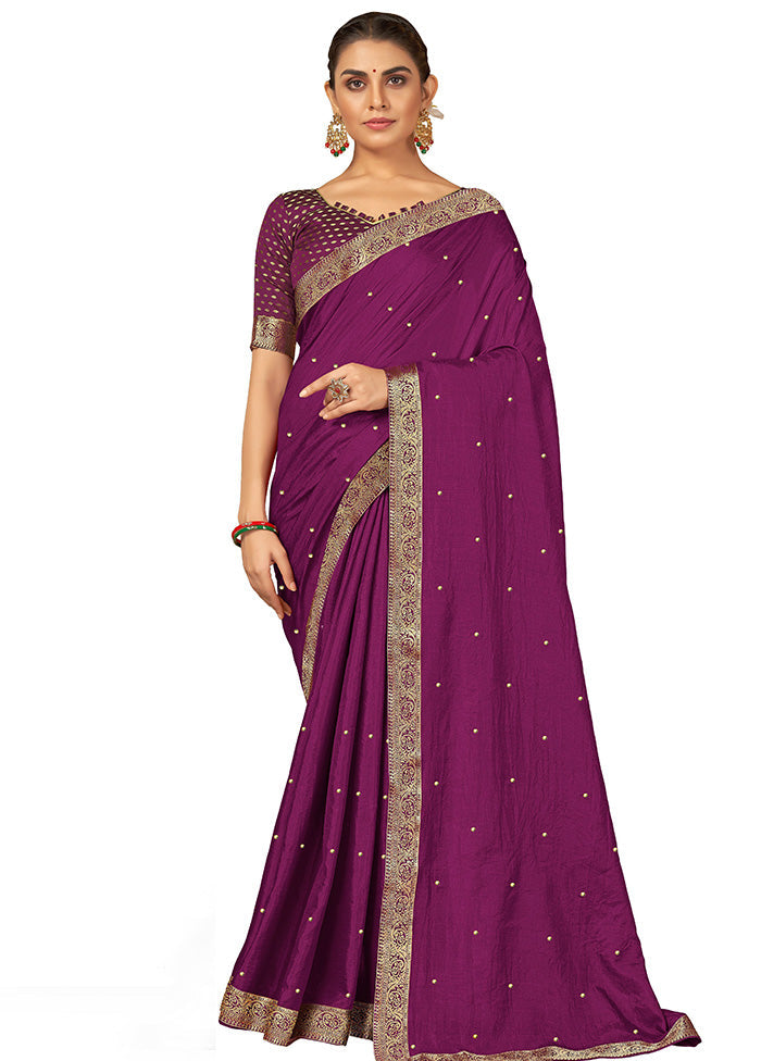Purple Spun Silk Embellished Saree With Blouse Piece