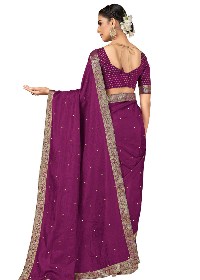 Purple Spun Silk Embellished Saree With Blouse Piece