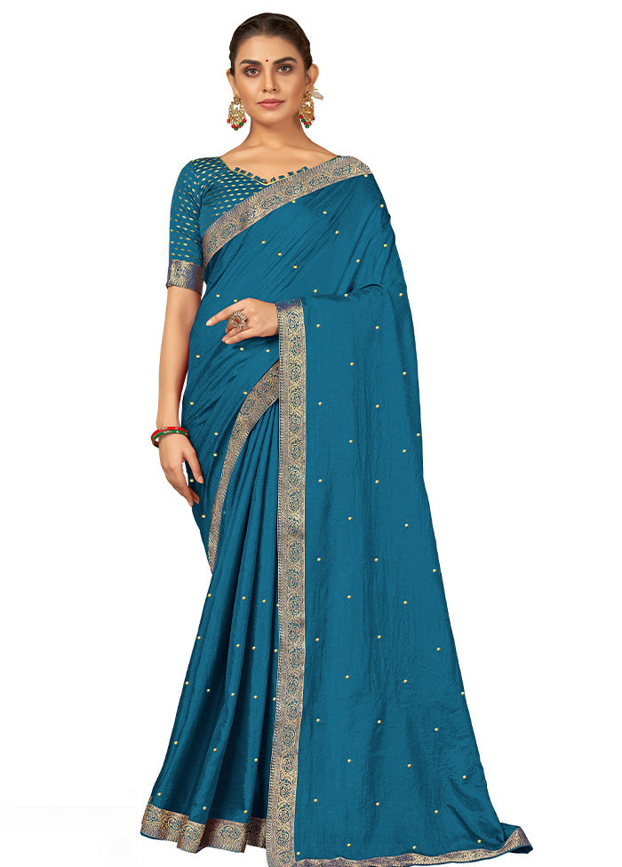 Blue Spun Silk Embellished Saree With Blouse Piece