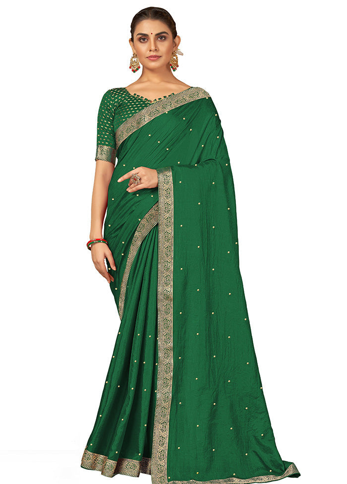 Green Spun Silk Embellished Saree With Blouse Piece