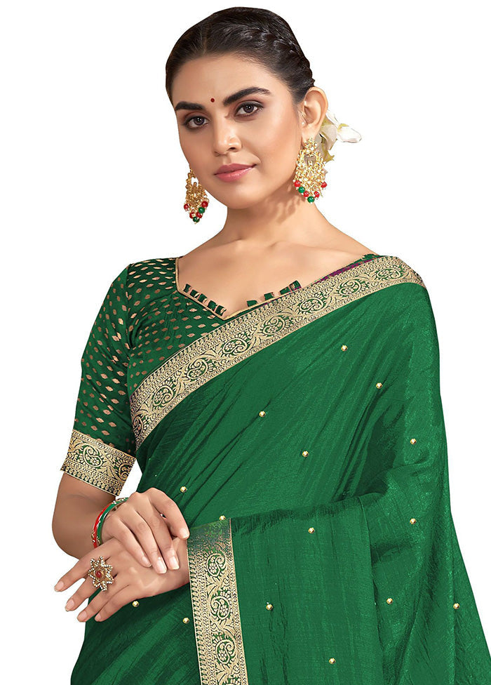 Green Spun Silk Embellished Saree With Blouse Piece
