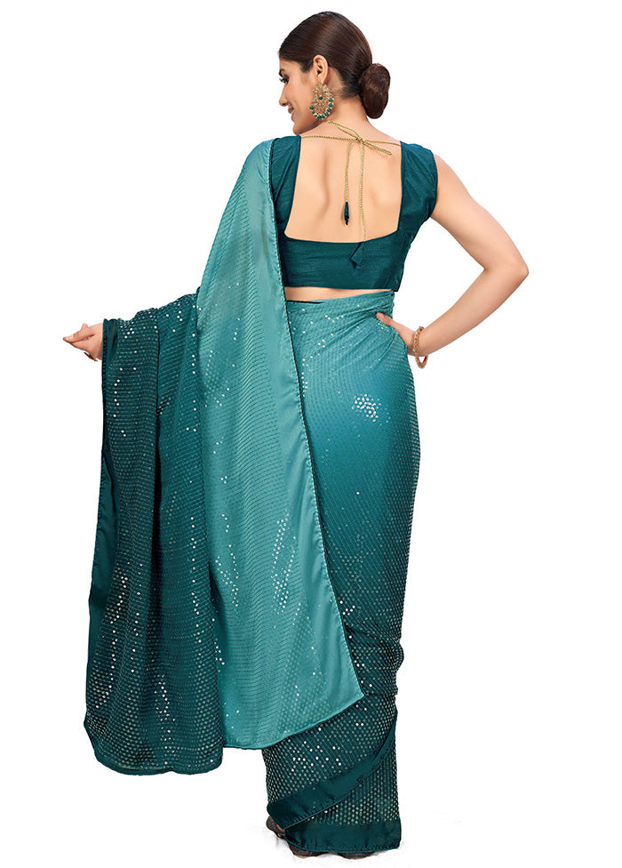 Turquoise Chiffon Silk Woven Saree With Blouse Piece