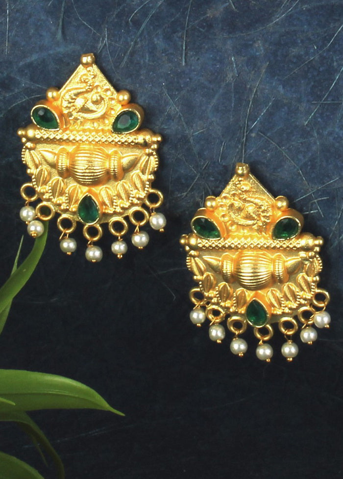 Green Matte Gold Brass Earrings