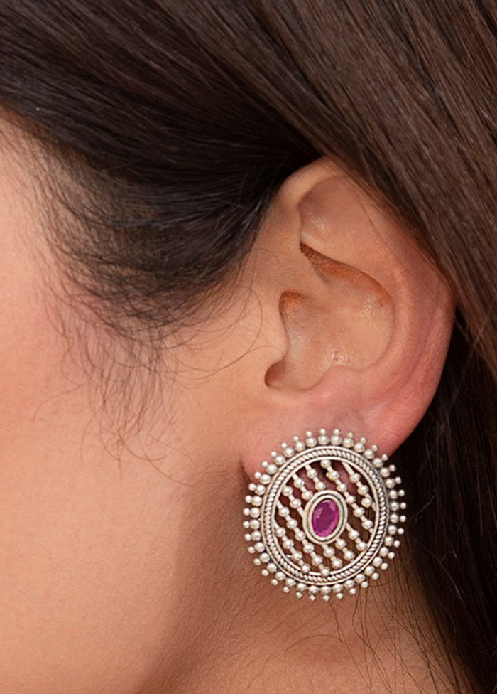Pink Silver Tone Brass Earrings