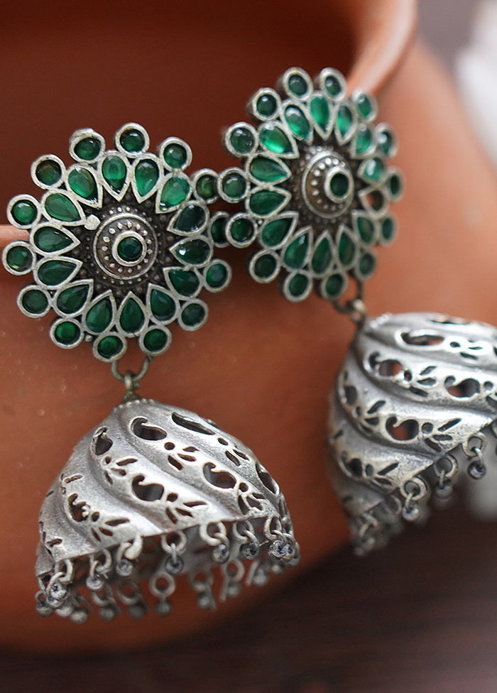 Green Handcrafted Silver Tone Brass Jhumka