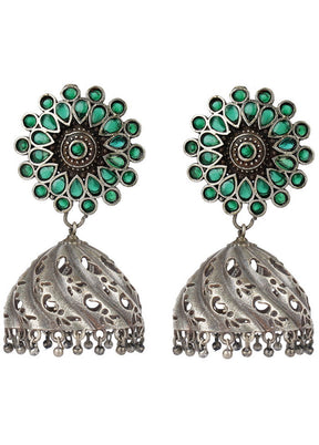 Green Handcrafted Silver Tone Brass Jhumka