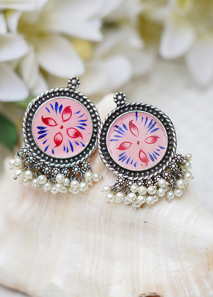 Pink Handcrafted Silver Tone Hand Painted Brass Earring