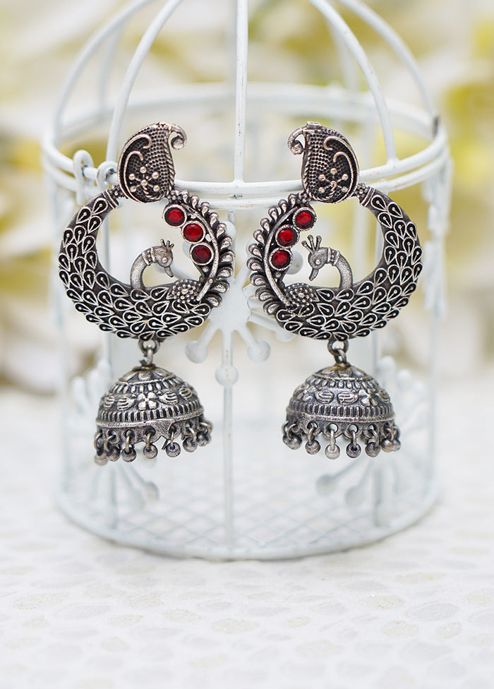 Red Handcrafted Silver Tone Brass Peacock Jhumki