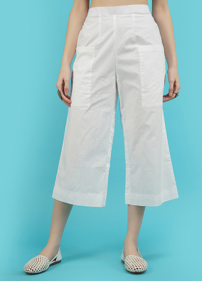 White Cotton Solid Flared Trouser