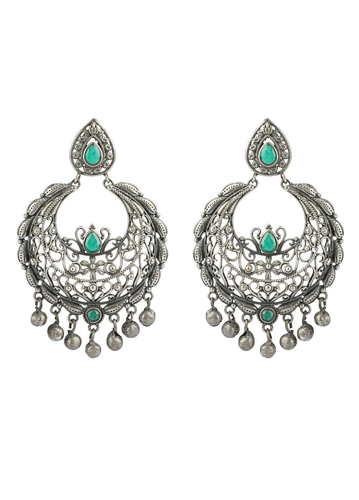 Green Silver Tone Handcrafted Brass Earrings
