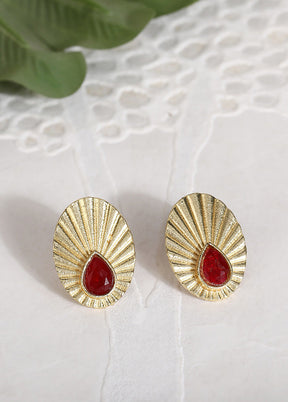 Miny Size Red Stone Matte Gold Earrings