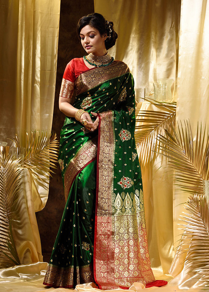 Green Spun Silk Saree With Blouse Piece