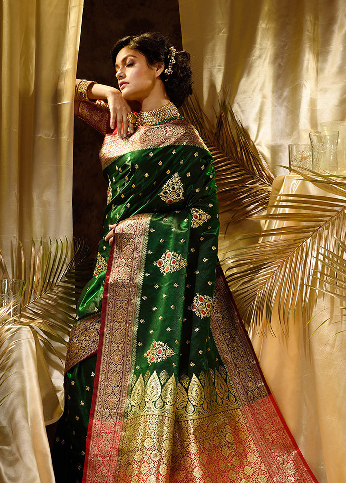 Green Spun Silk Saree With Blouse Piece