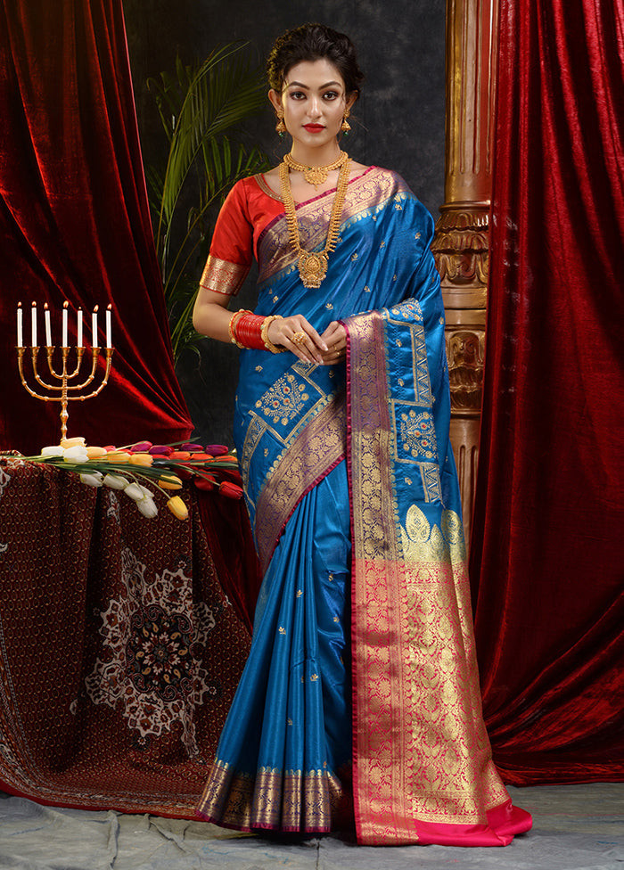 Blue Spun Silk Saree With Blouse Piece