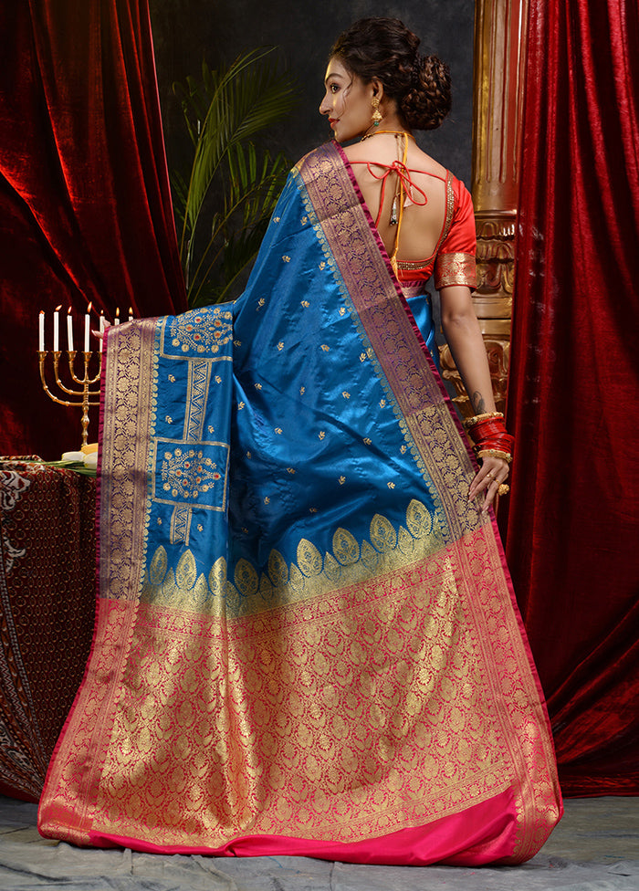 Blue Spun Silk Saree With Blouse Piece