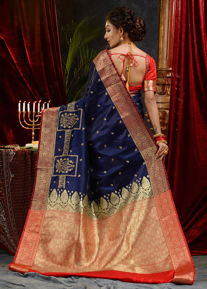 Navy Blue Spun Silk Saree With Blouse Piece