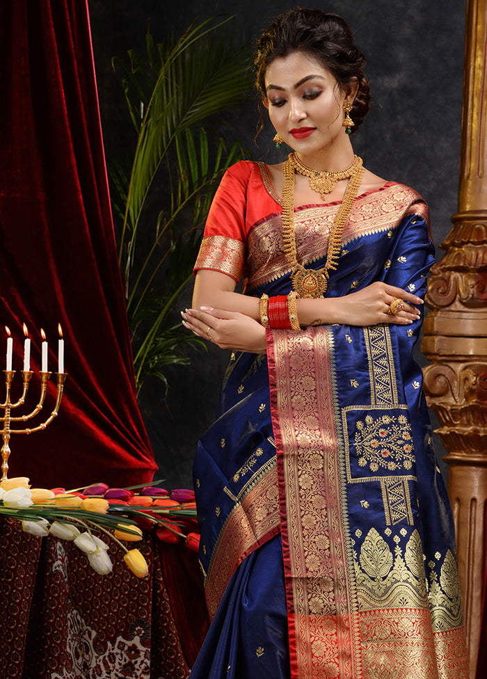 Navy Blue Spun Silk Saree With Blouse Piece