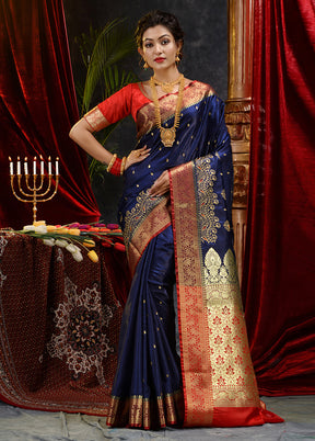 Navy Blue Spun Silk Saree With Blouse Piece