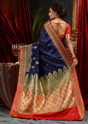 Navy Blue Spun Silk Saree With Blouse Piece