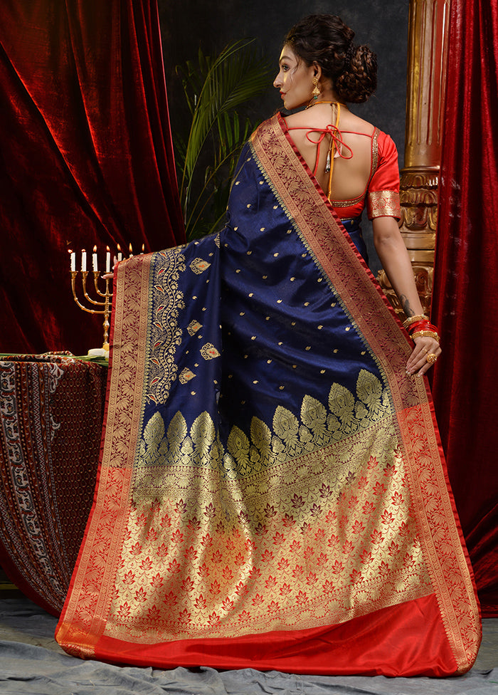 Navy Blue Spun Silk Saree With Blouse Piece