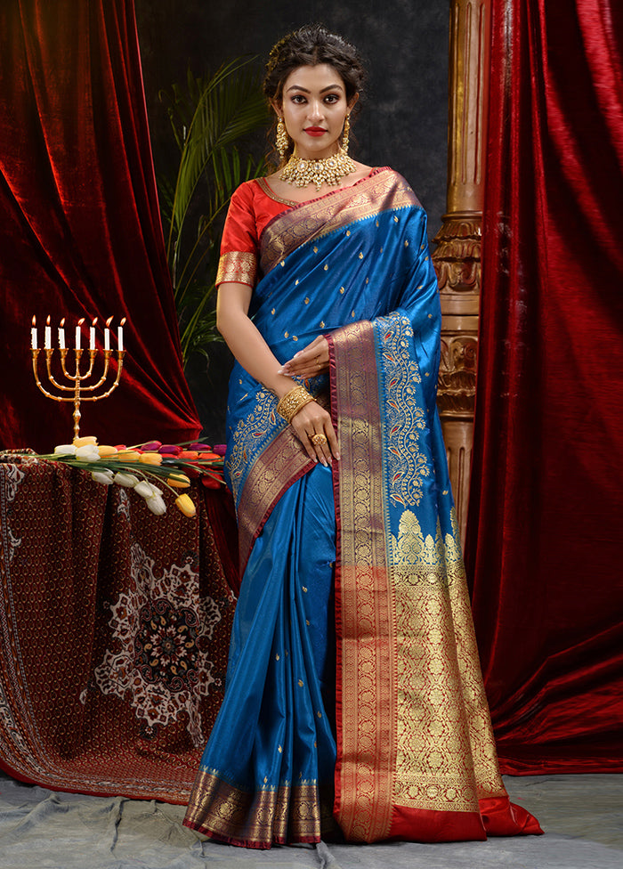 Blue Spun Silk Saree With Blouse Piece