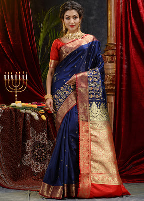 Navy Blue Spun Silk Saree With Blouse Piece