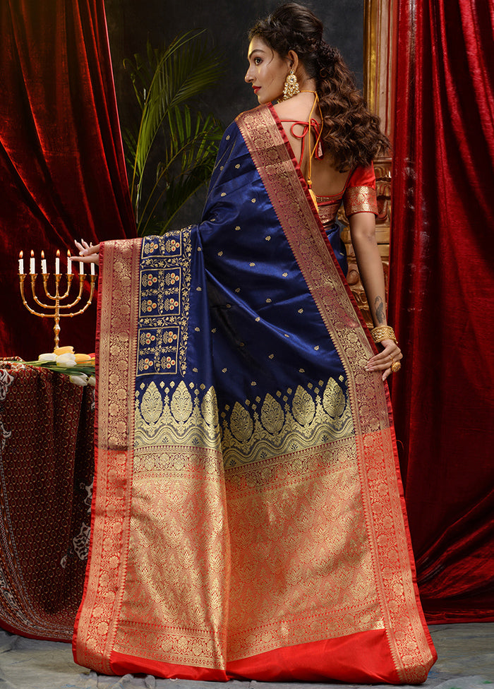 Navy Blue Spun Silk Saree With Blouse Piece