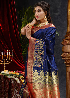 Navy Blue Spun Silk Saree With Blouse Piece