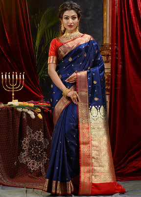 Navy Blue Spun Silk Saree With Blouse Piece