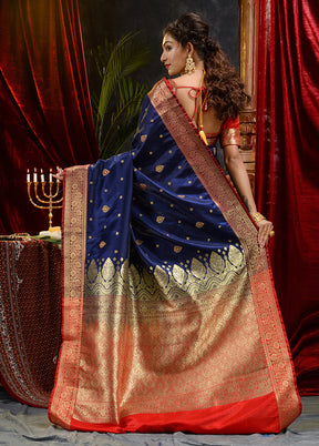 Navy Blue Spun Silk Saree With Blouse Piece