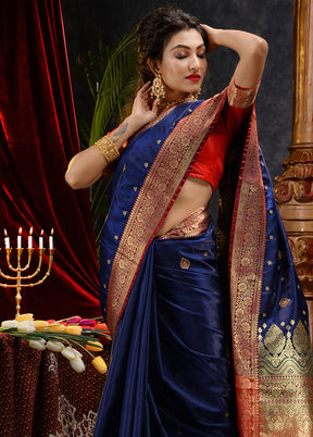 Navy Blue Spun Silk Saree With Blouse Piece