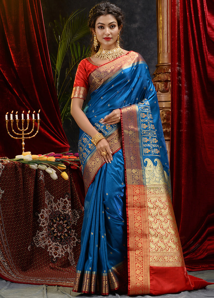 Blue Spun Silk Saree With Blouse Piece