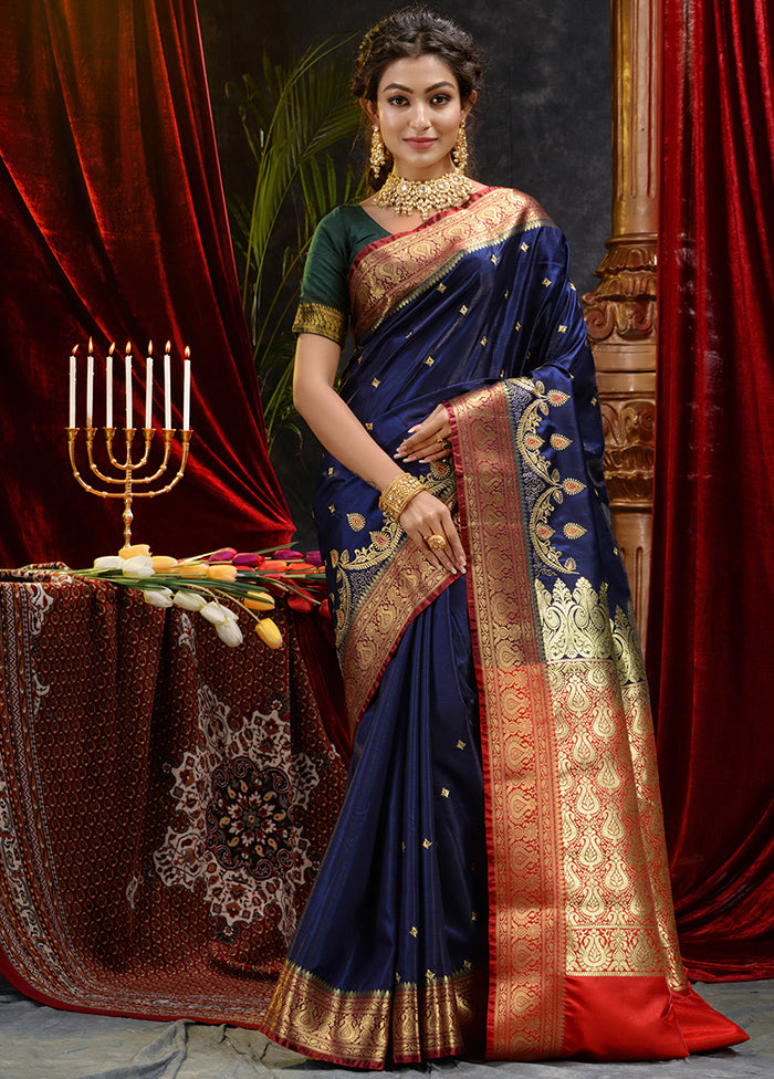 Navy Blue Spun Silk Saree With Blouse Piece