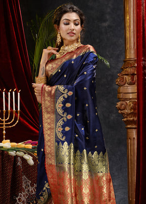 Navy Blue Spun Silk Saree With Blouse Piece