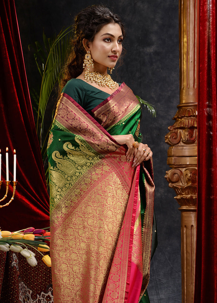 Green Spun Silk Saree With Blouse Piece