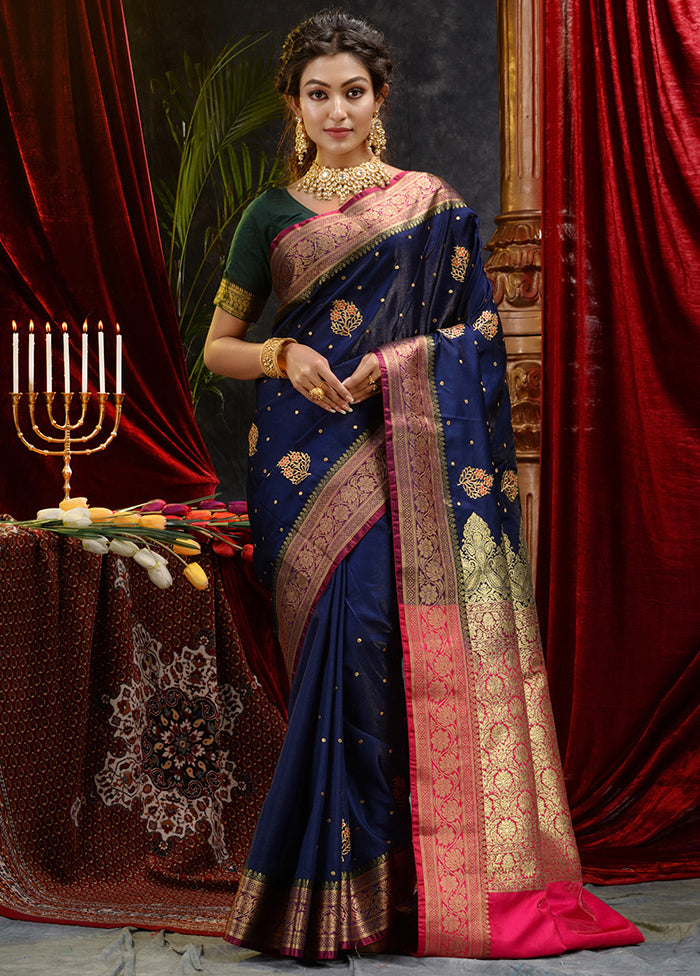 Navy Blue Spun Silk Saree With Blouse Piece