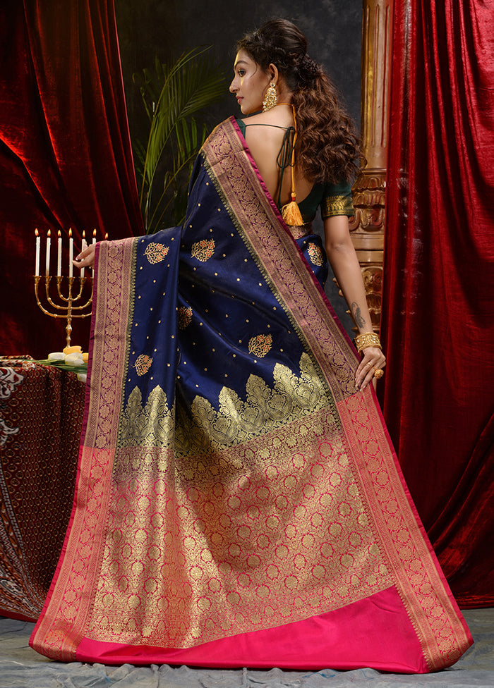 Navy Blue Spun Silk Saree With Blouse Piece