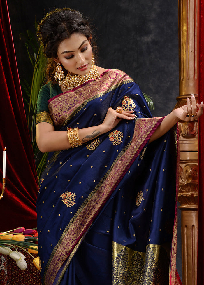 Navy Blue Spun Silk Saree With Blouse Piece