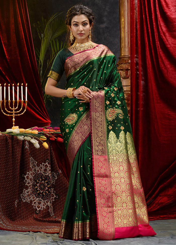 Green Spun Silk Saree With Blouse Piece