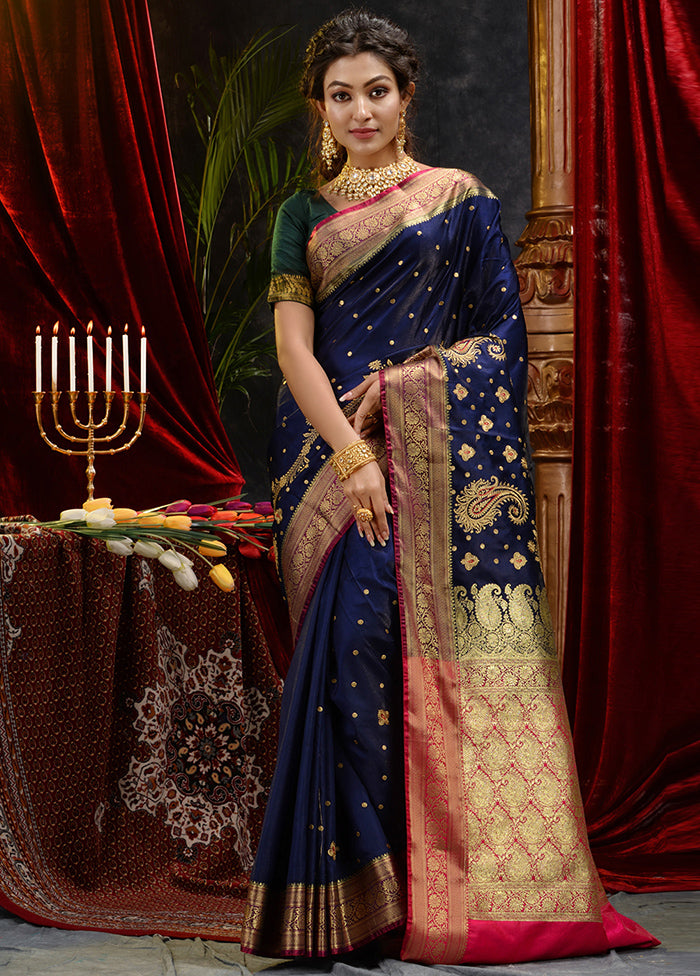 Navy Blue Spun Silk Saree With Blouse Piece