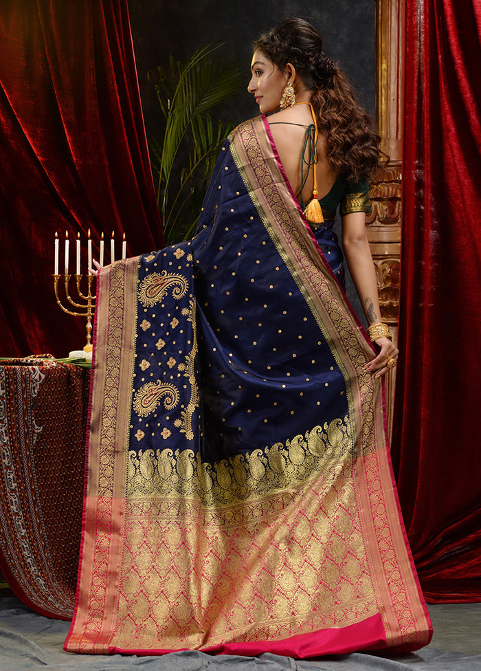 Navy Blue Spun Silk Saree With Blouse Piece